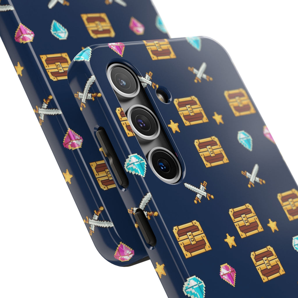 Tough phone case with a pixel art pattern of treasure chests, gems, potions and swords on navy - view 27