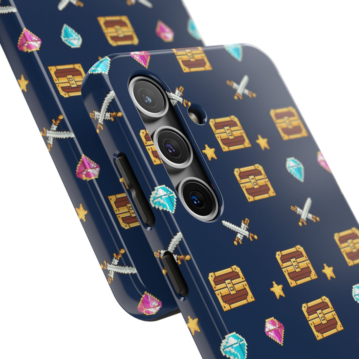 Tough phone case with a pixel art pattern of treasure chests, gems, potions and swords on navy - view 27