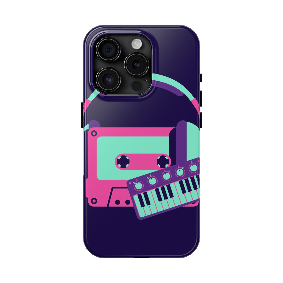 Retro Cassette Phone Case - Neon Headphones and Synth Design