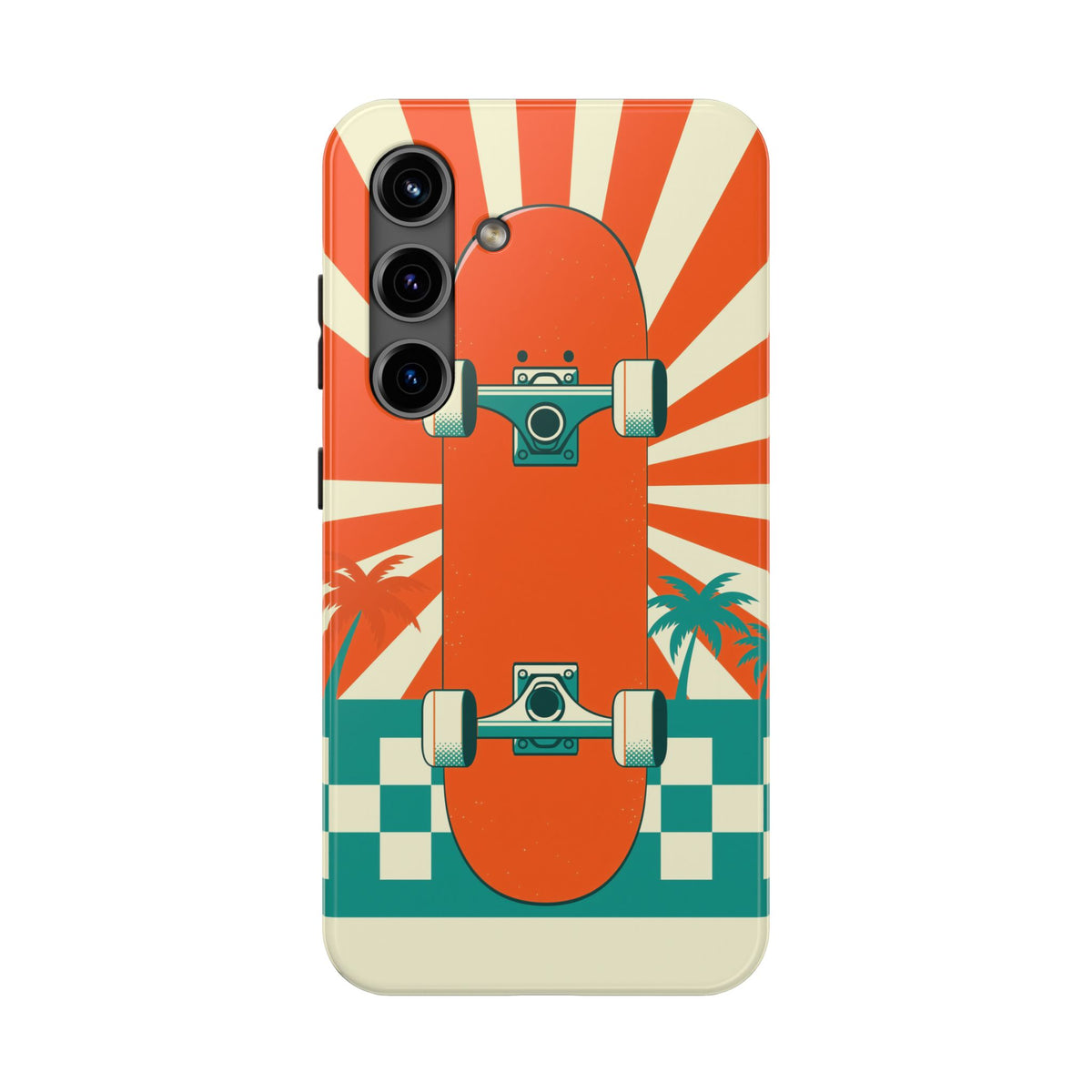 Skateboard Phone Case - Retro Sunburst, Palms and Checkerboard