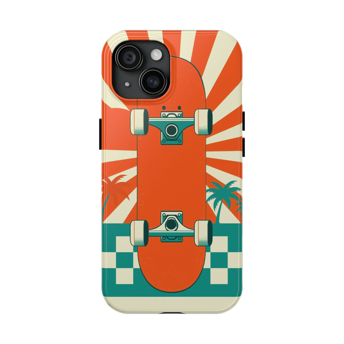 Skateboard Phone Case - Retro Sunburst, Palms and Checkerboard
