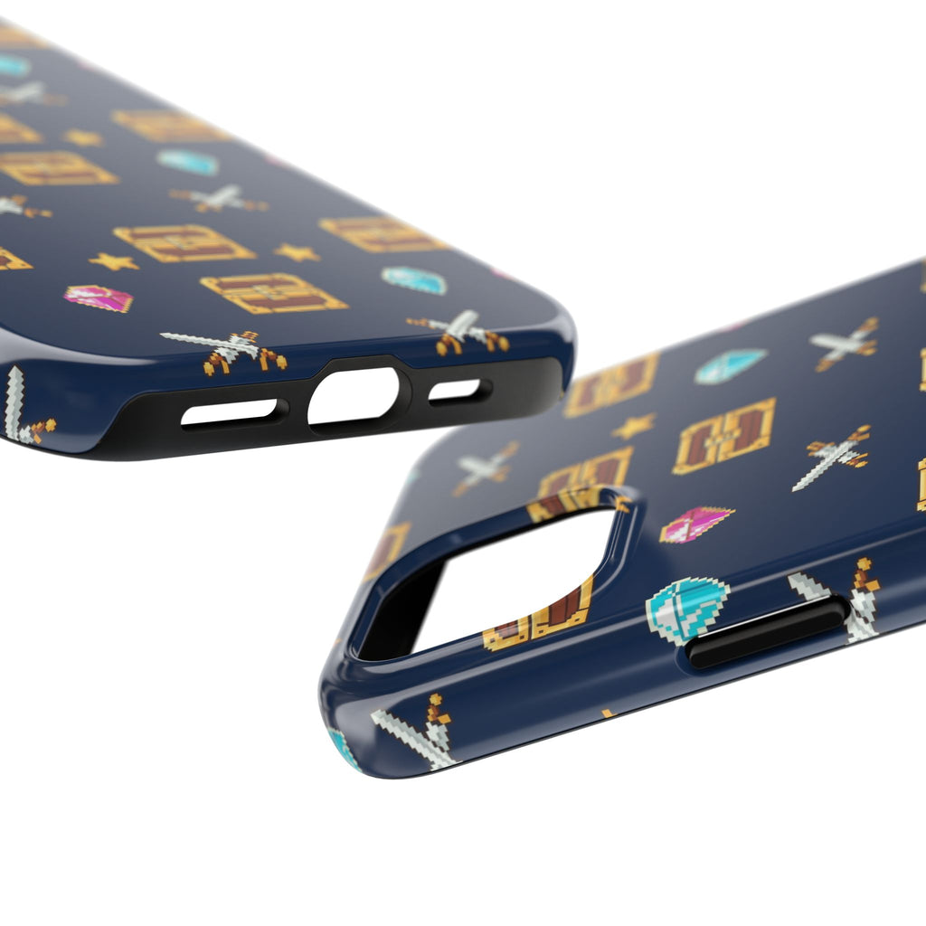 Tough phone case with a pixel art pattern of treasure chests, gems, potions and swords on navy - view 22