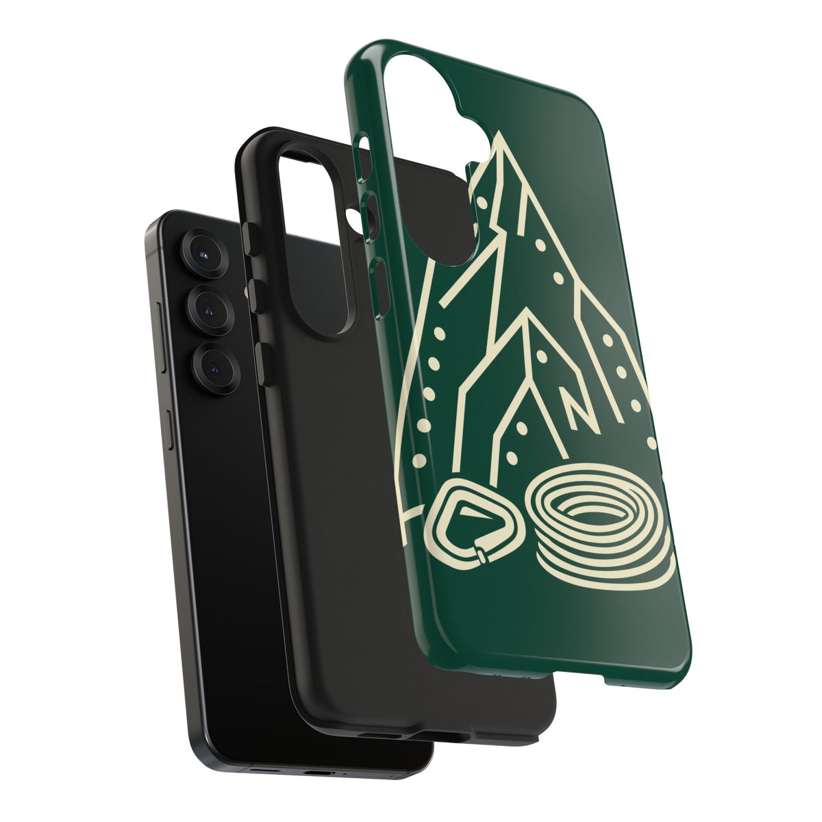 Tough phone case with cream line art of a mountain route, coiled rope and carabiner on forest green - view 39