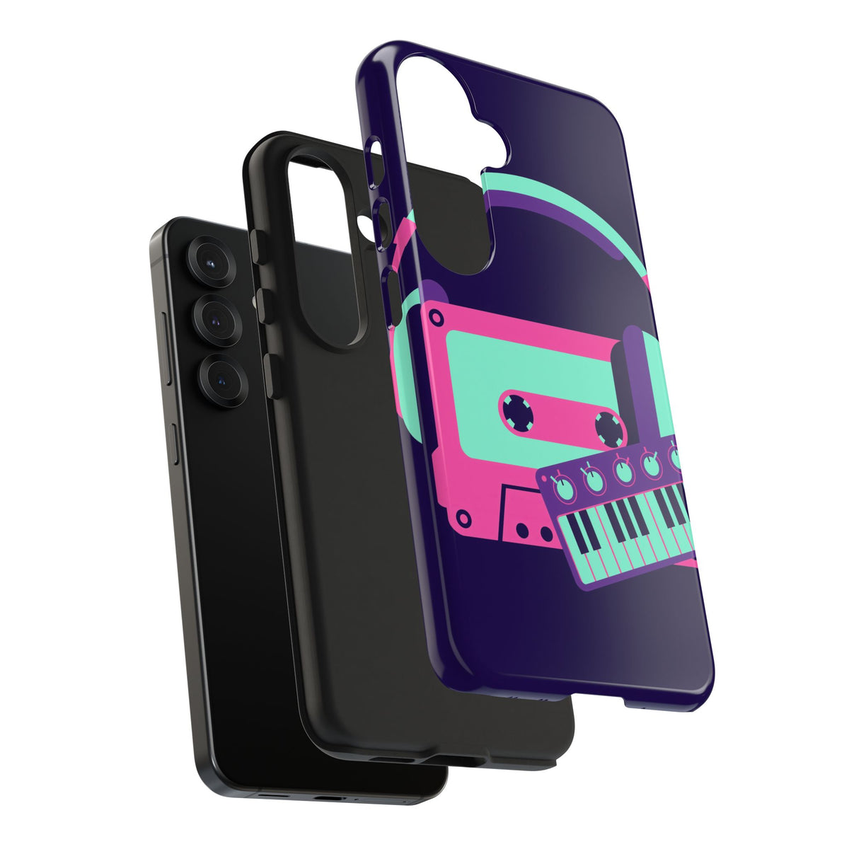 Retro Cassette Phone Case - Neon Headphones and Synth Design