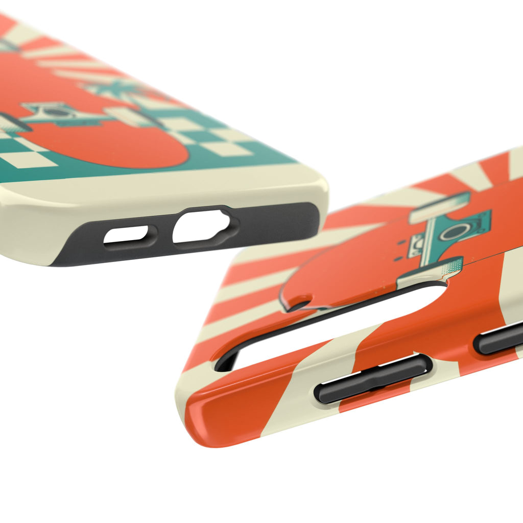 Skateboard Phone Case - Retro Sunburst, Palms and Checkerboard