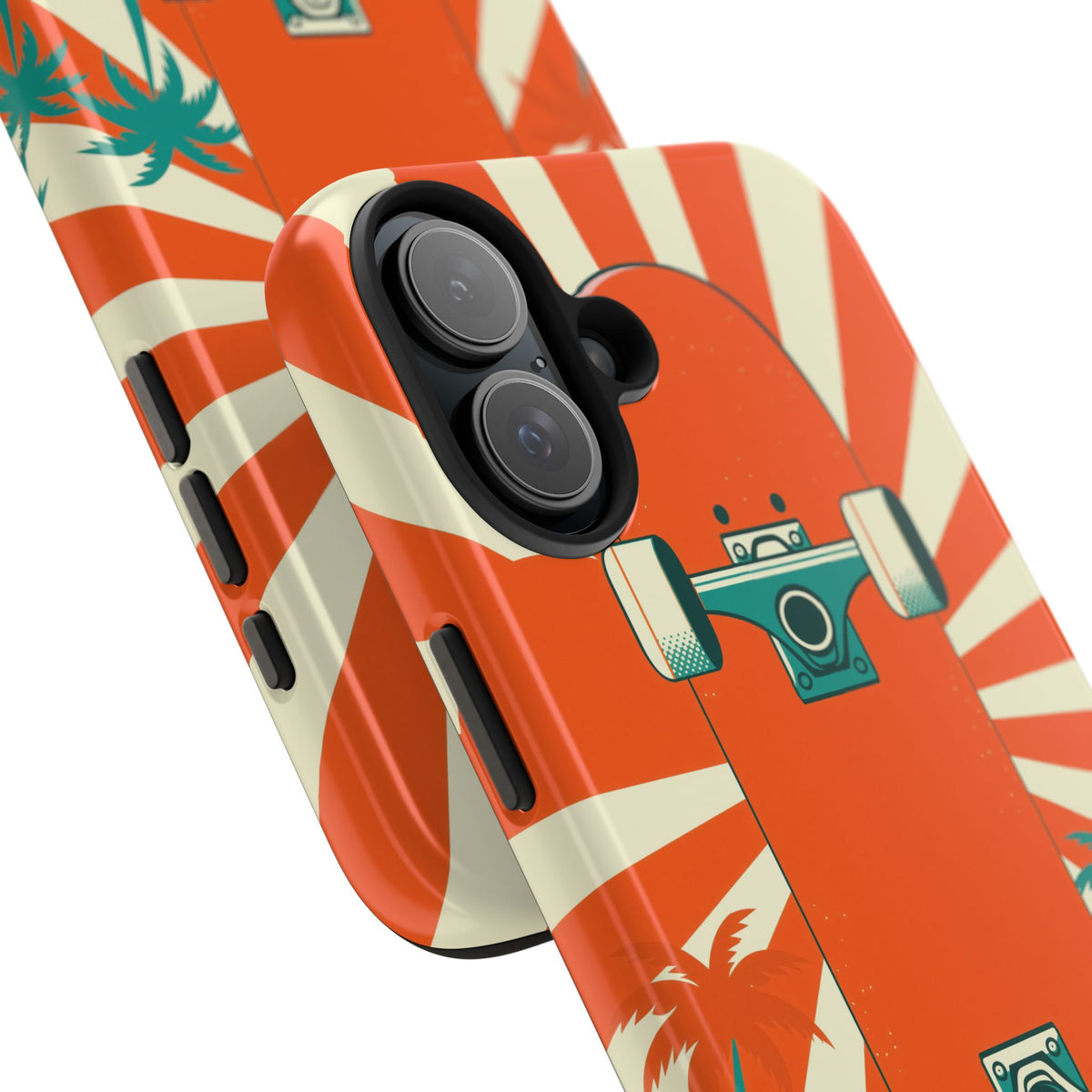 Skateboard Phone Case - Retro Sunburst, Palms and Checkerboard
