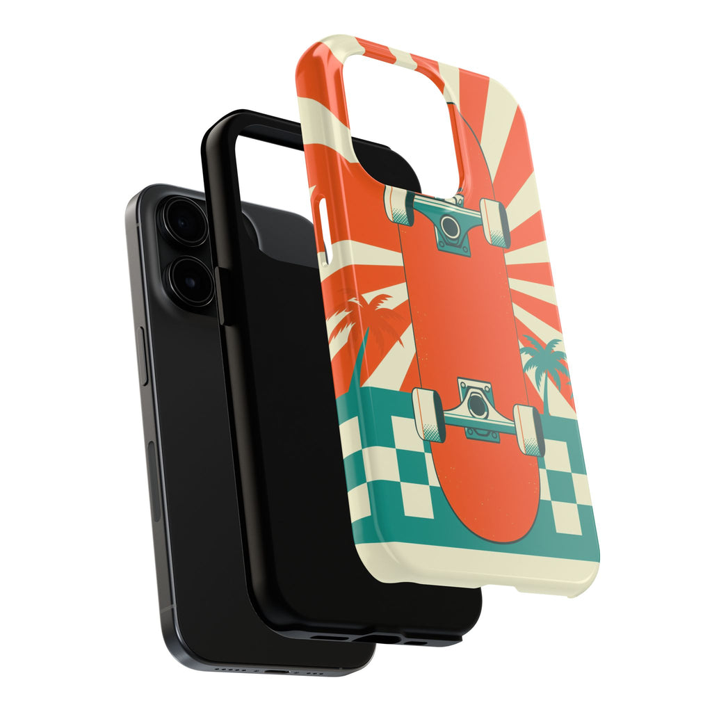 Skateboard Phone Case - Retro Sunburst, Palms and Checkerboard