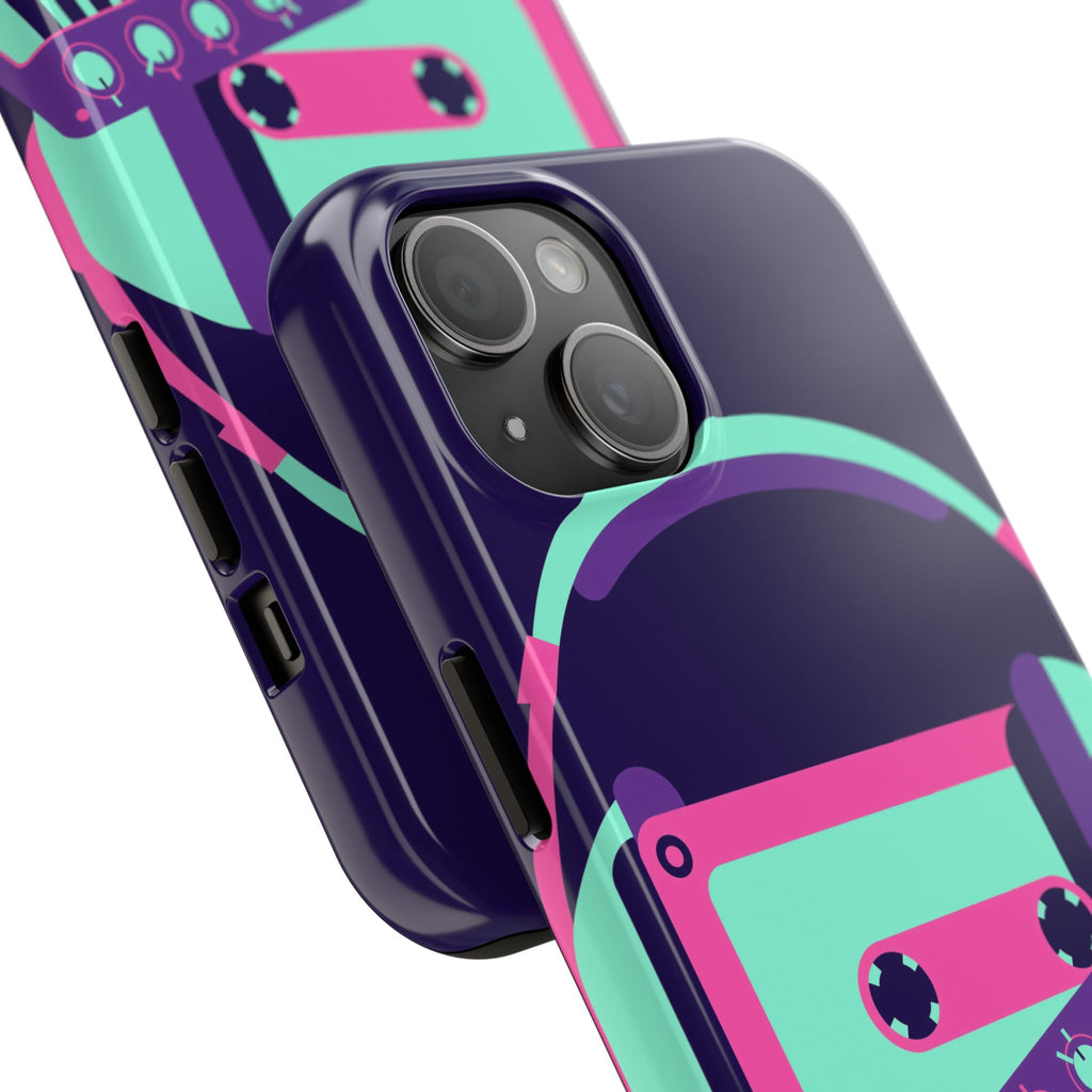 Retro Cassette Phone Case - Neon Headphones and Synth Design