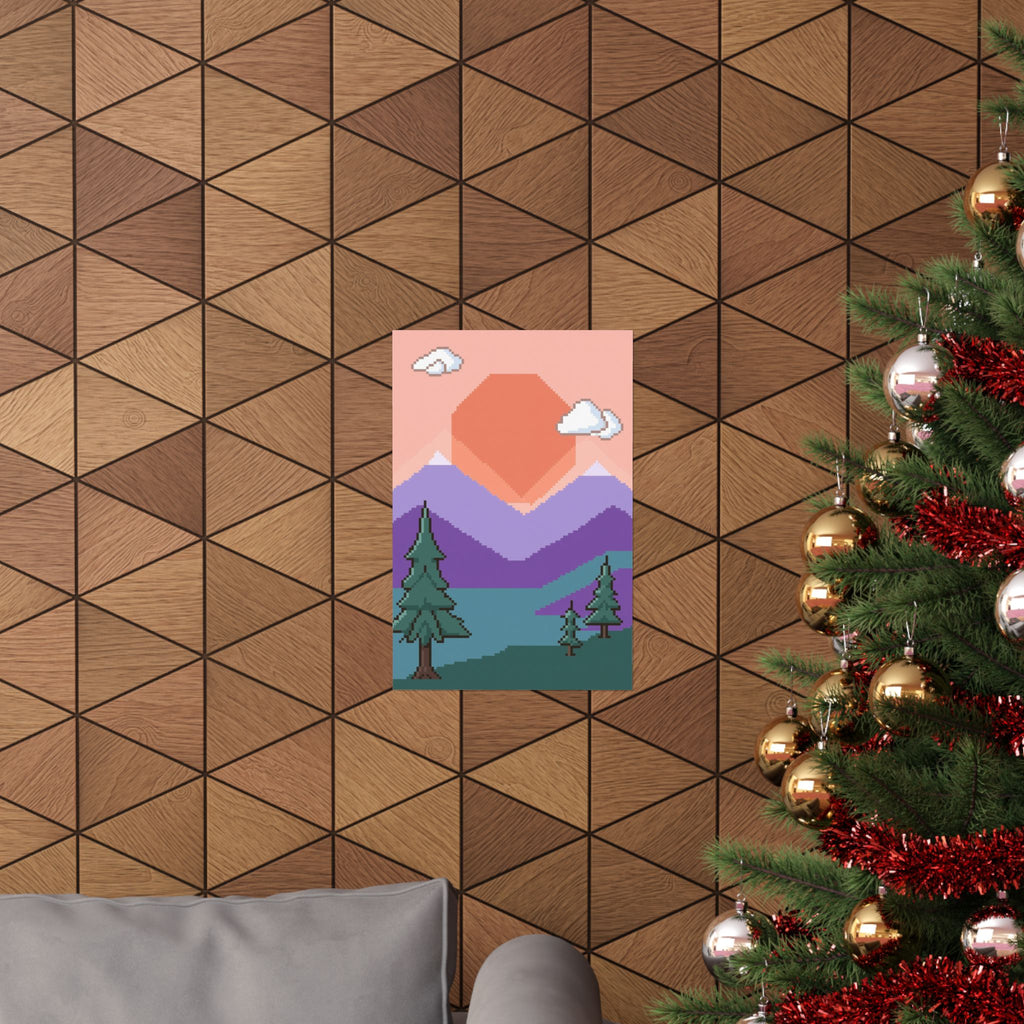 Pixel Art Poster - Retro 16-Bit Mountain Sunset Wall Art