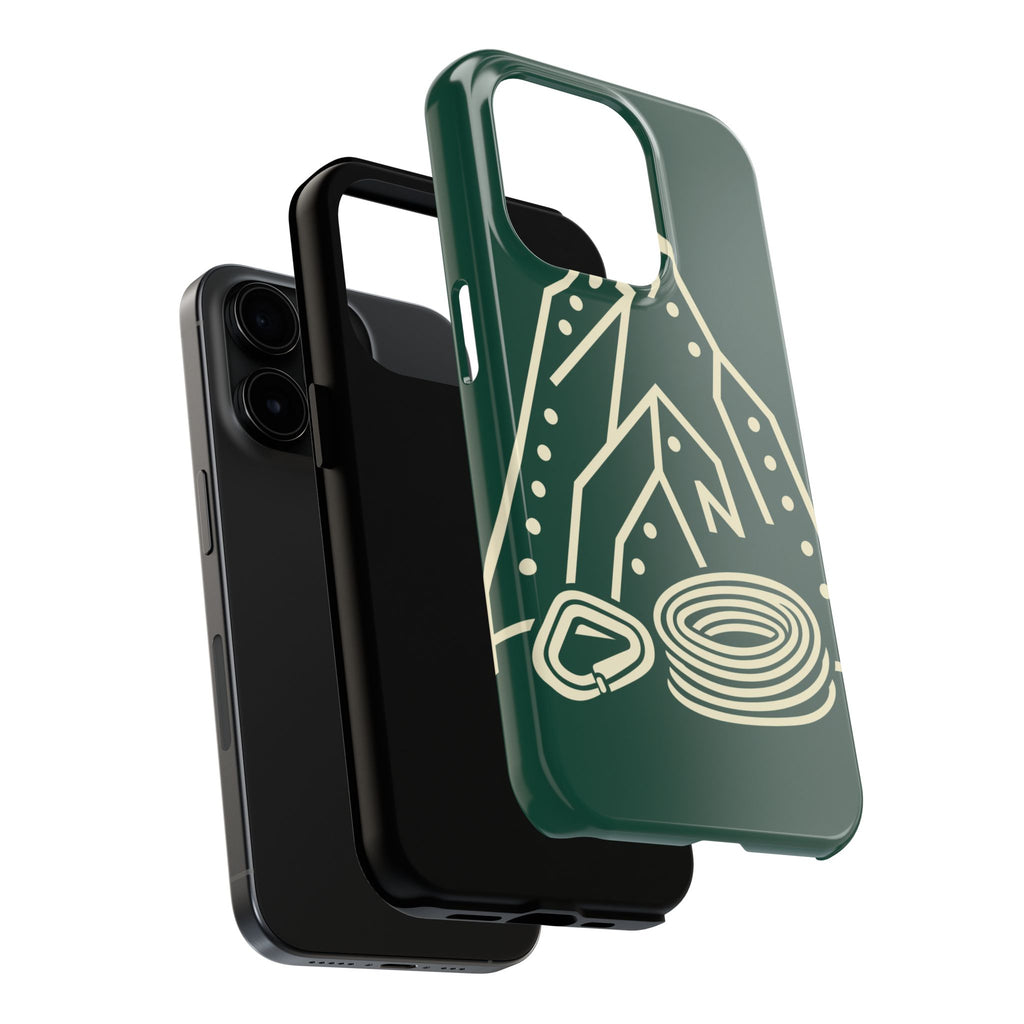Tough phone case with cream line art of a mountain route, coiled rope and carabiner on forest green - view 20