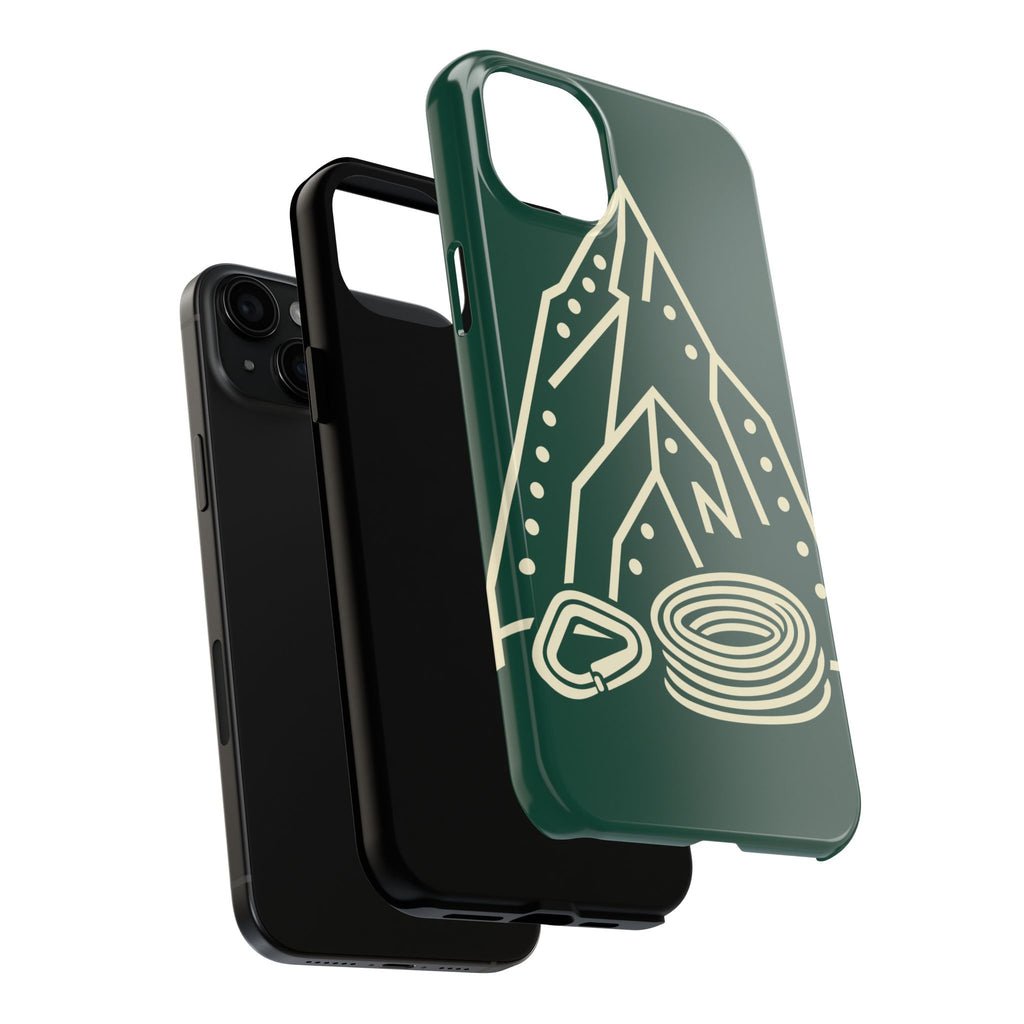 Tough phone case with cream line art of a mountain route, coiled rope and carabiner on forest green - view 23