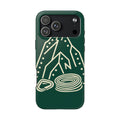 Tough phone case with cream line art of a mountain route, coiled rope and carabiner on forest green - view 13