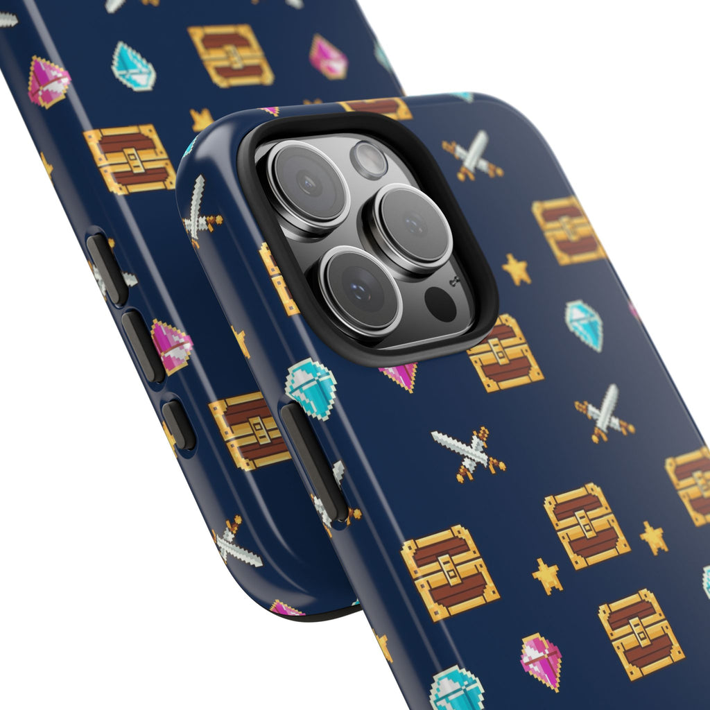 Tough phone case with a pixel art pattern of treasure chests, gems, potions and swords on navy - view 32