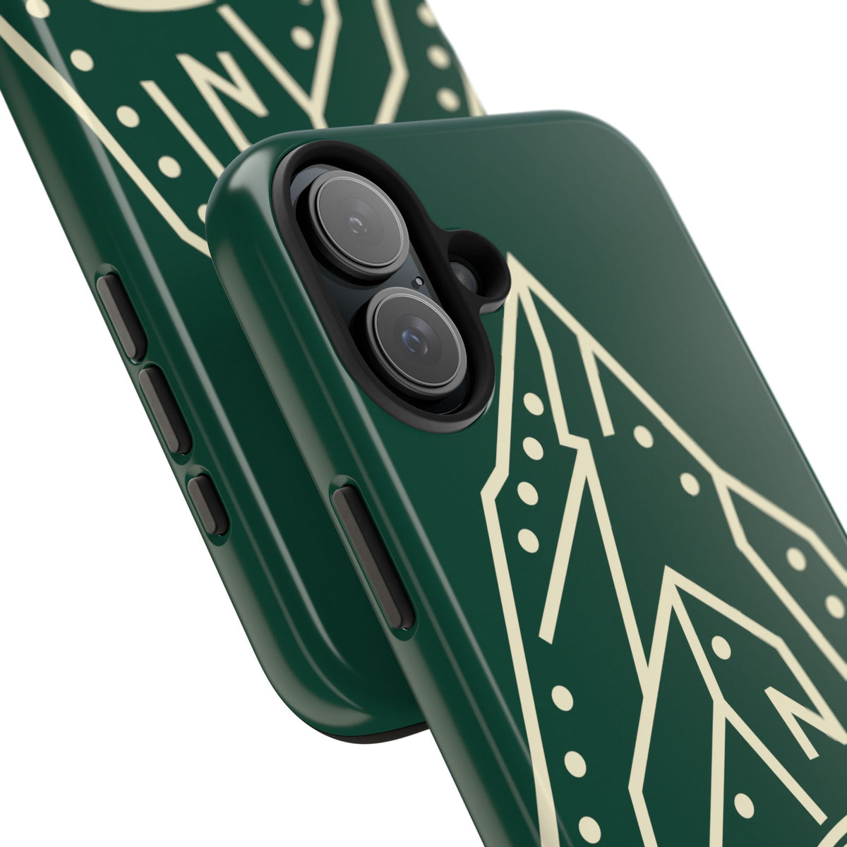 Tough phone case with cream line art of a mountain route, coiled rope and carabiner on forest green - view 36