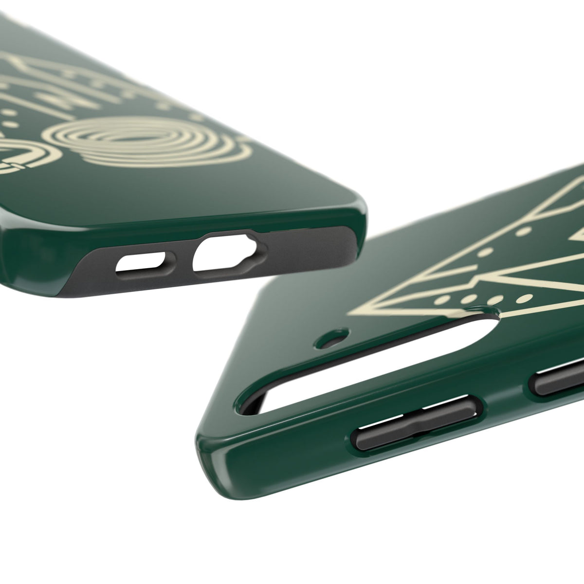 Tough phone case with cream line art of a mountain route, coiled rope and carabiner on forest green - view 28