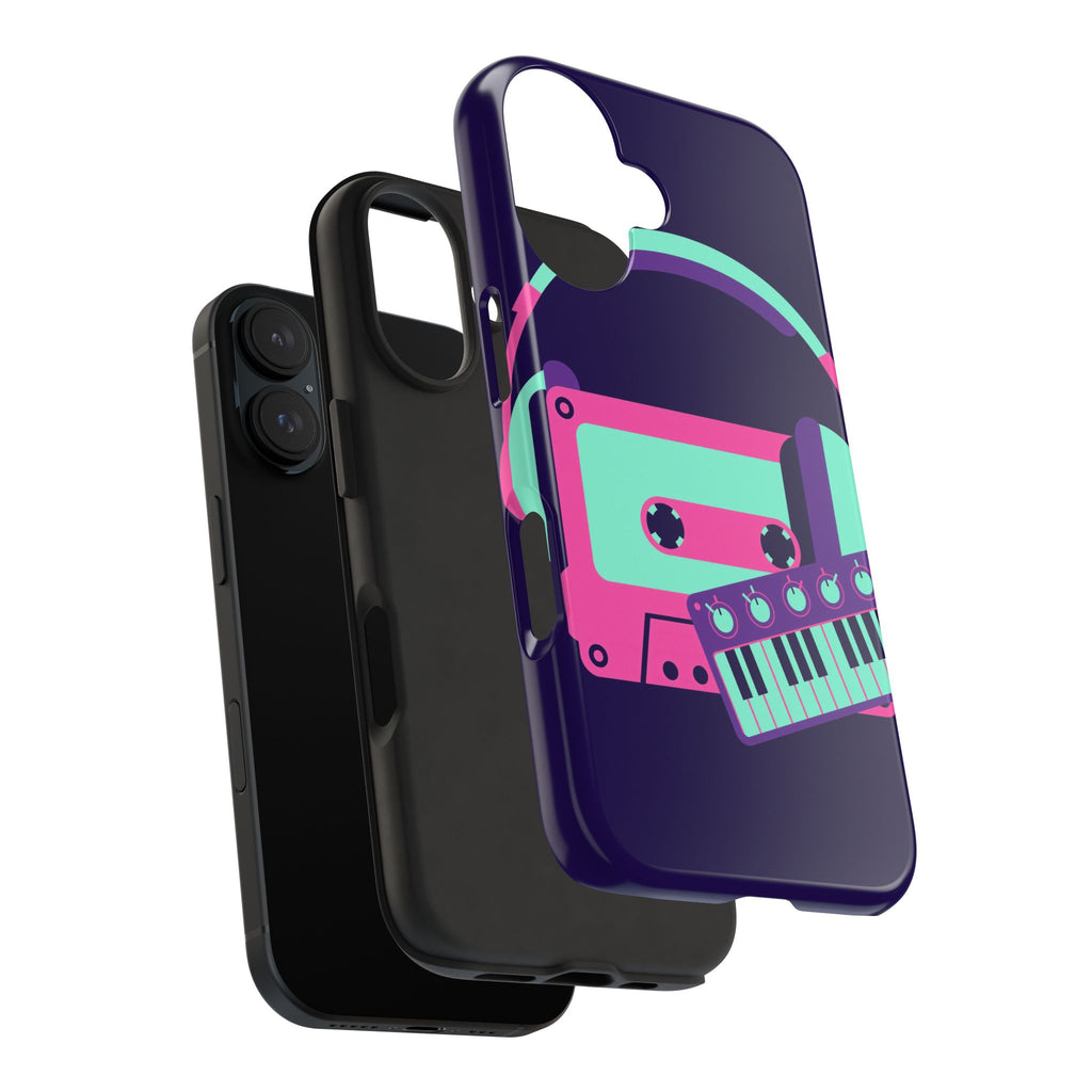 Retro Cassette Phone Case - Neon Headphones and Synth Design
