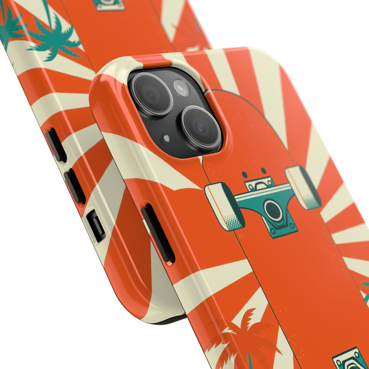Skateboard Phone Case - Retro Sunburst, Palms and Checkerboard