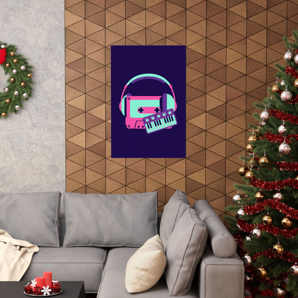 Retro Cassette Poster - Neon Headphones and Synth Wall Art