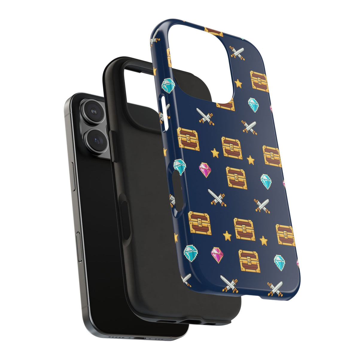 Tough phone case with a pixel art pattern of treasure chests, gems, potions and swords on navy - view 31