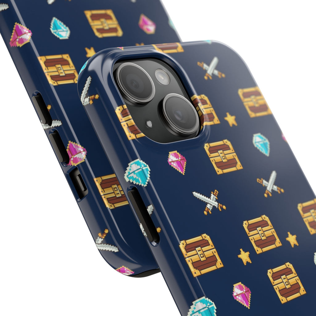 Tough phone case with a pixel art pattern of treasure chests, gems, potions and swords on navy - view 15