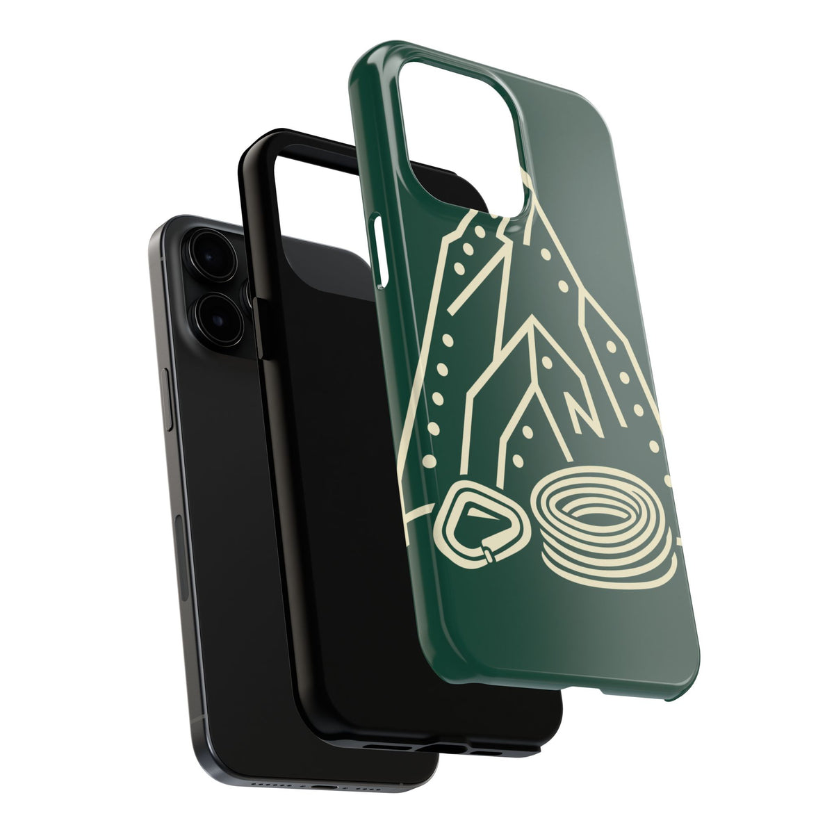 Tough phone case with cream line art of a mountain route, coiled rope and carabiner on forest green - view 26