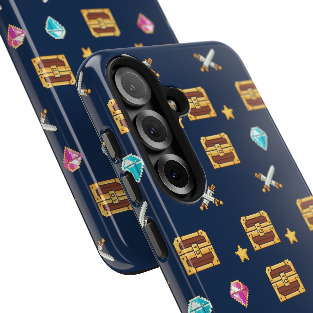 Tough phone case with a pixel art pattern of treasure chests, gems, potions and swords on navy - view 38