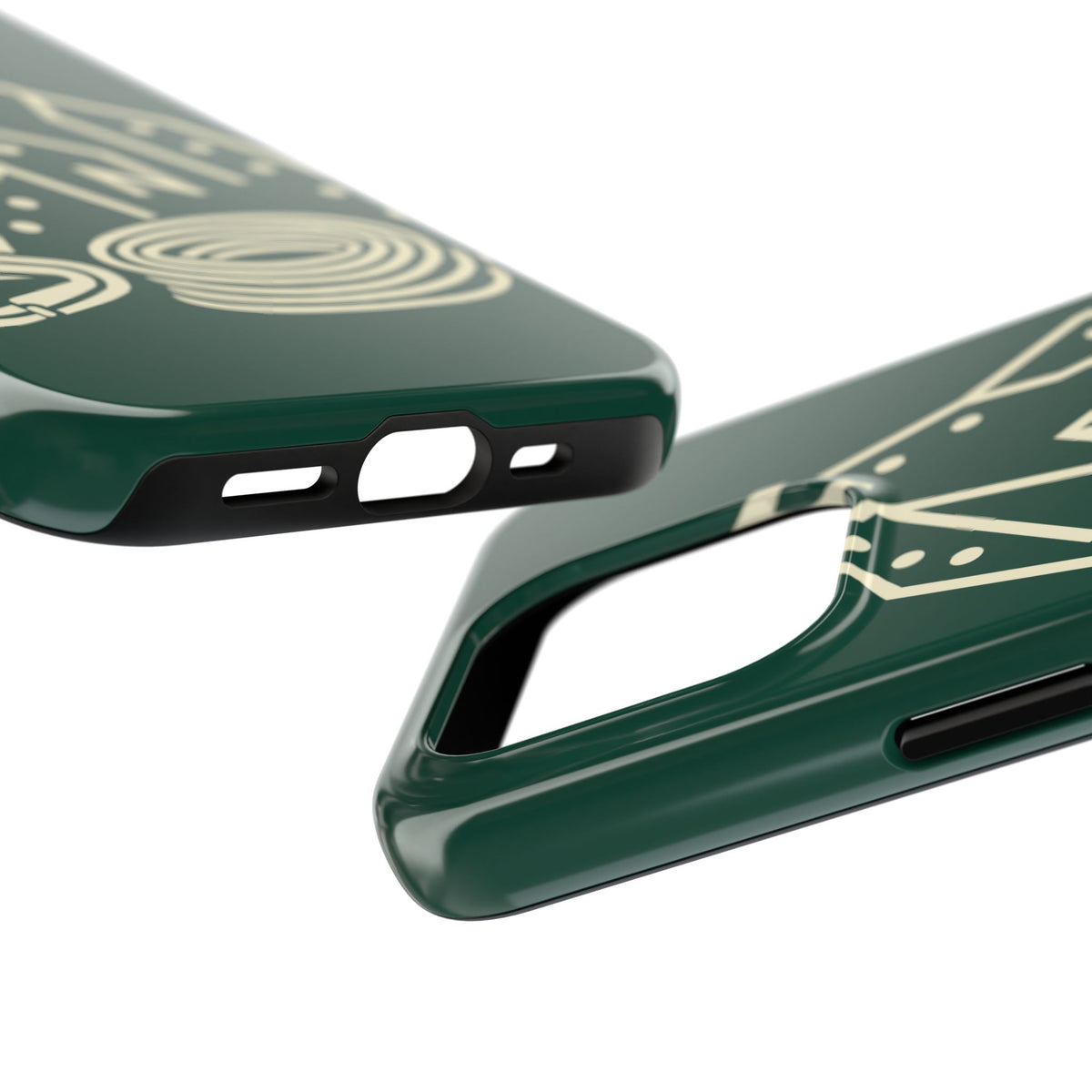 Tough phone case with cream line art of a mountain route, coiled rope and carabiner on forest green - view 19