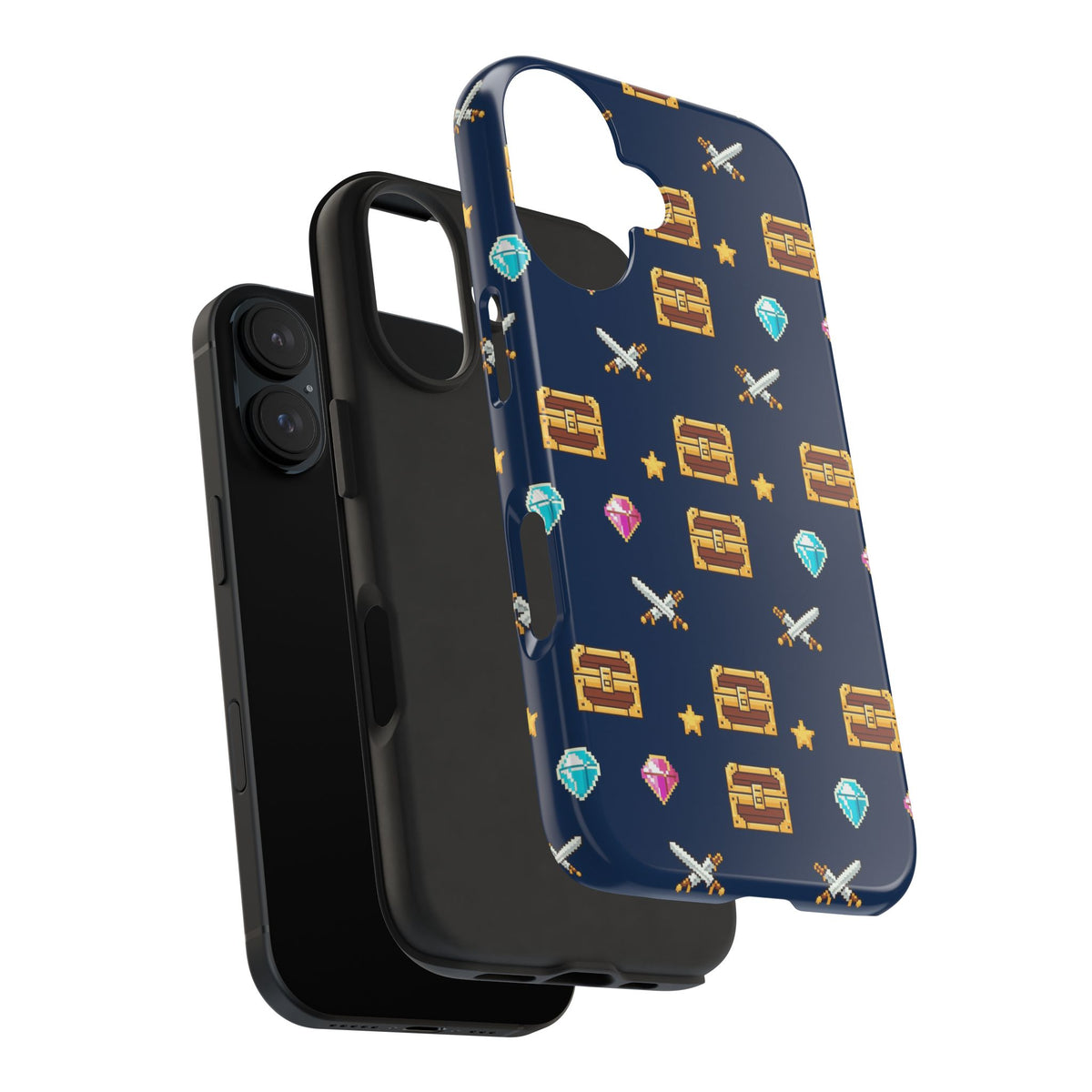 Tough phone case with a pixel art pattern of treasure chests, gems, potions and swords on navy - view 35