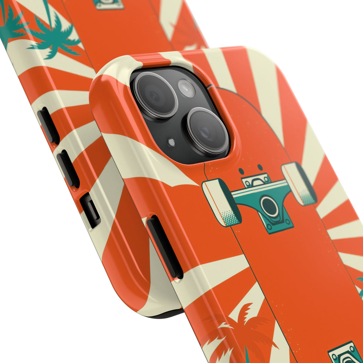 Skateboard Phone Case - Retro Sunburst, Palms and Checkerboard