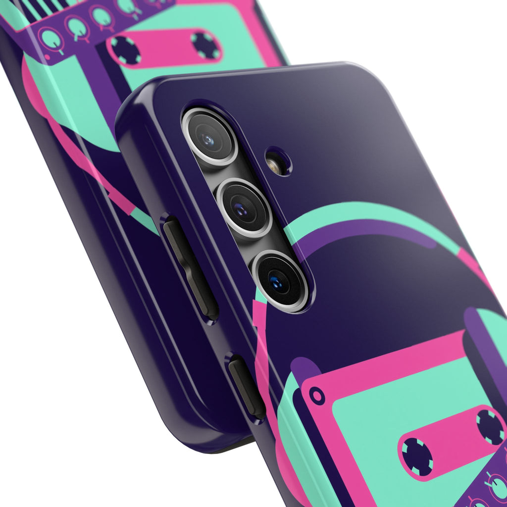 Retro Cassette Phone Case - Neon Headphones and Synth Design