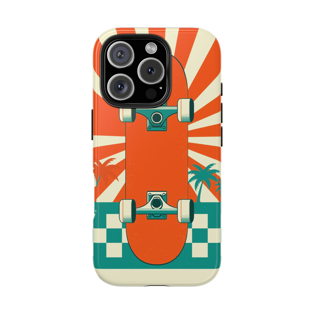 Skateboard Phone Case - Retro Sunburst, Palms and Checkerboard