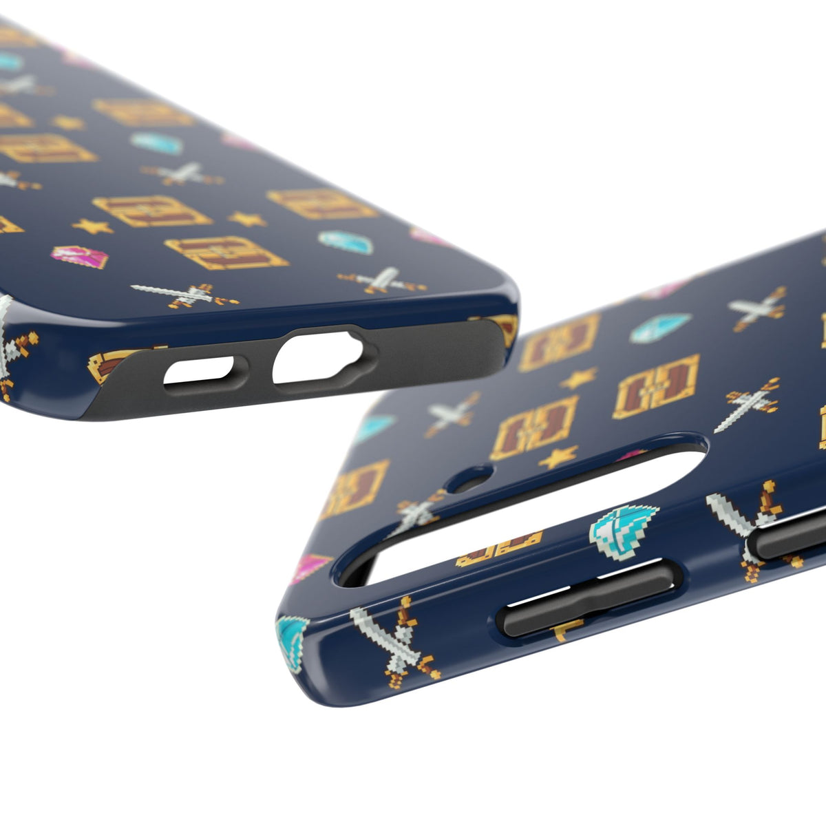 Tough phone case with a pixel art pattern of treasure chests, gems, potions and swords on navy - view 28