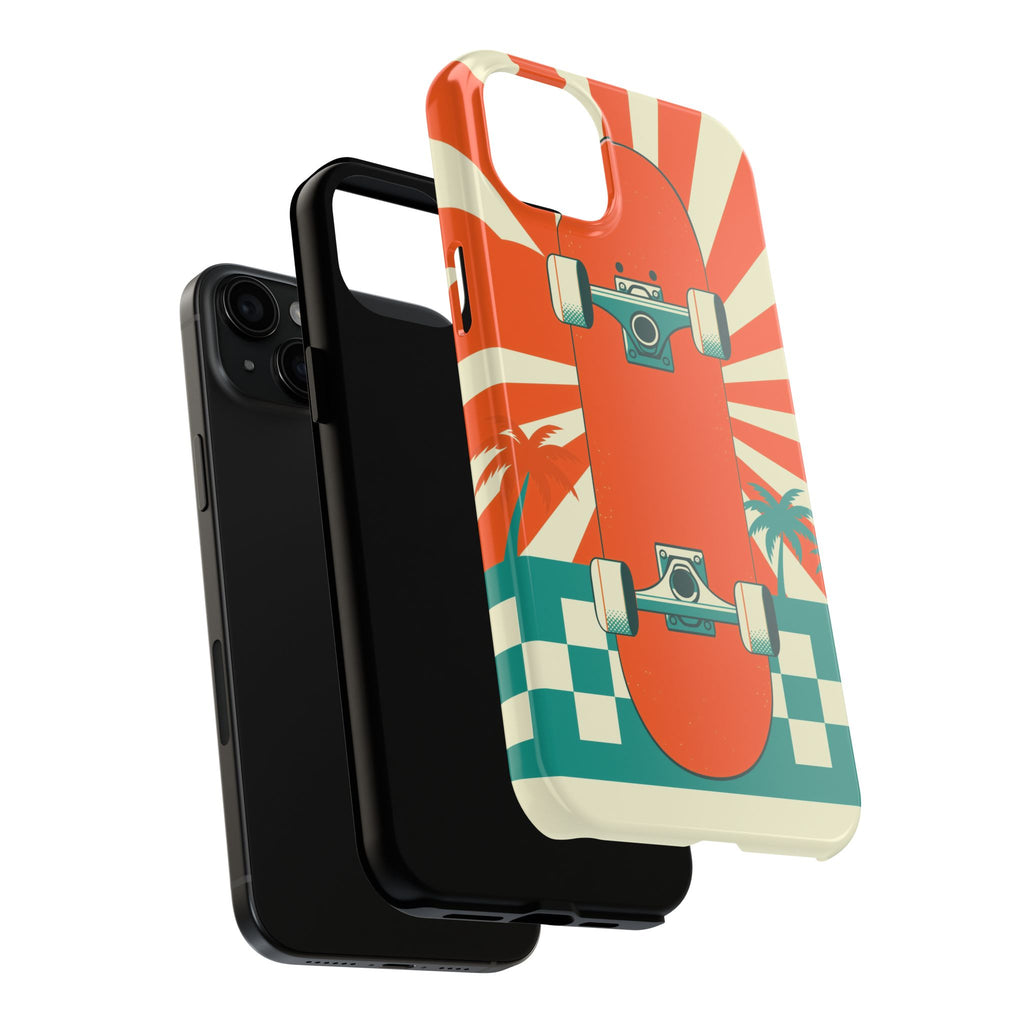 Skateboard Phone Case - Retro Sunburst, Palms and Checkerboard