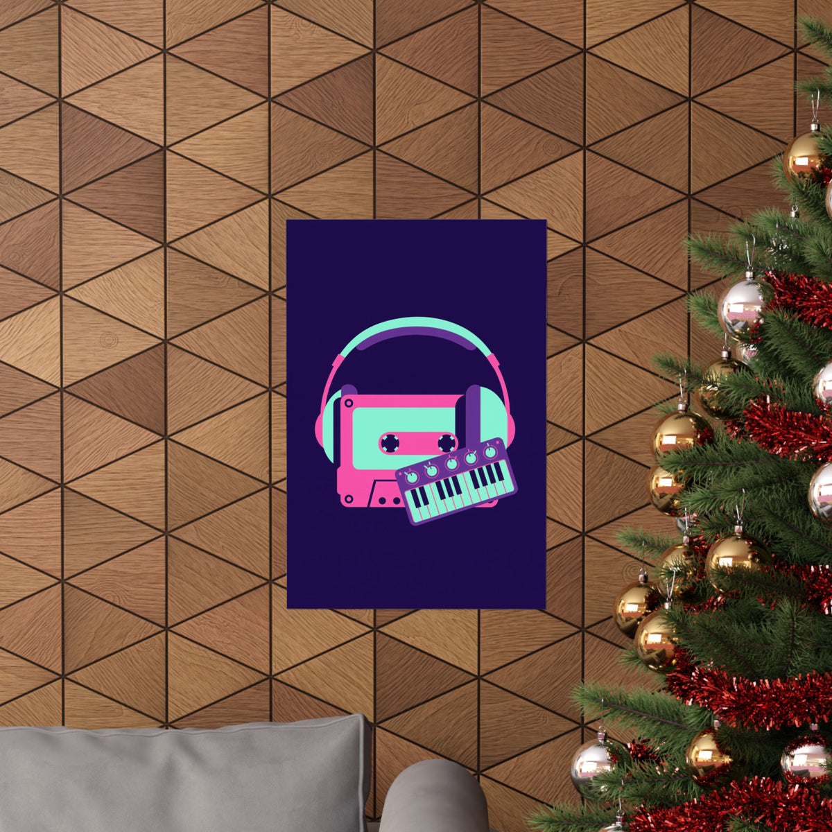 Retro Cassette Poster - Neon Headphones and Synth Wall Art