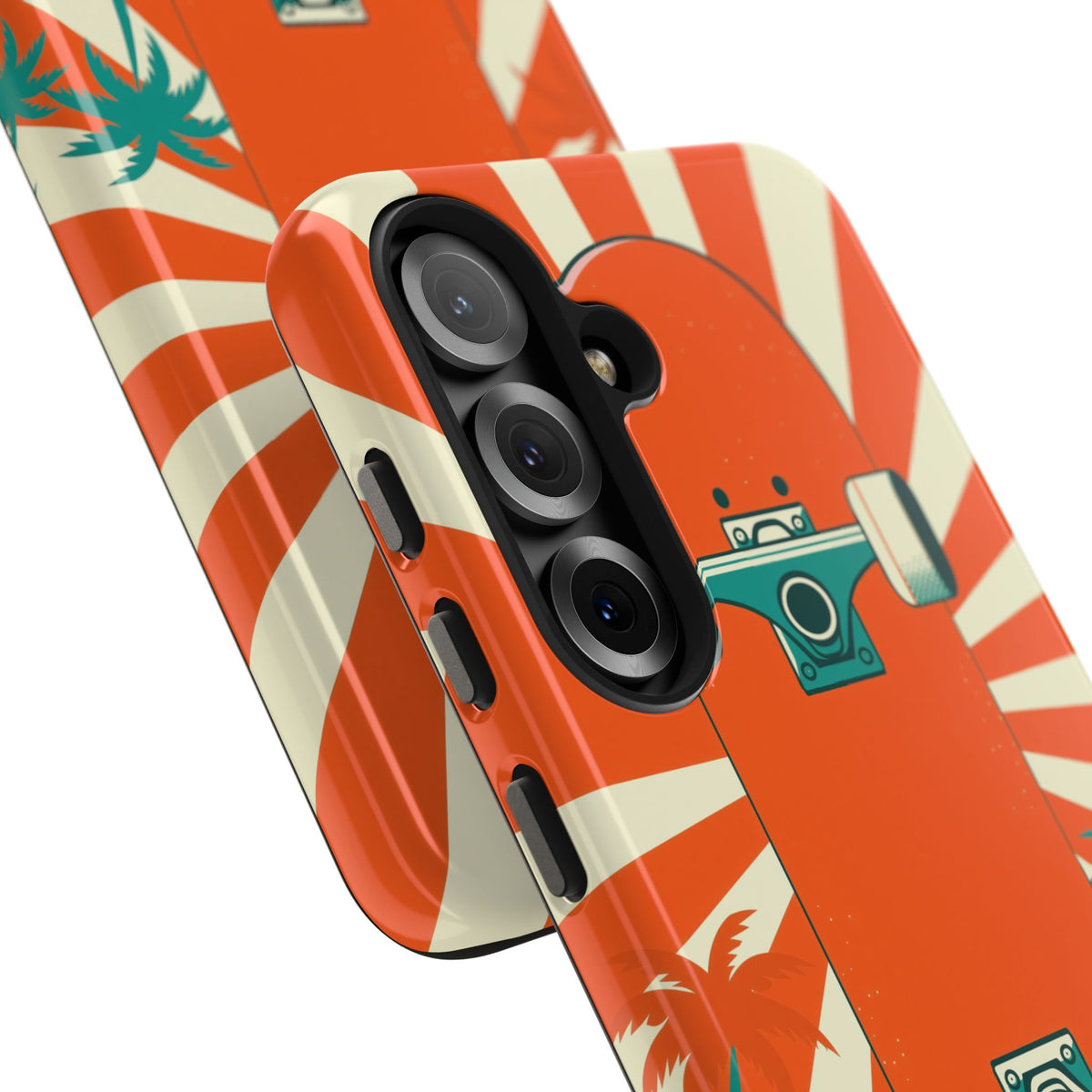 Skateboard Phone Case - Retro Sunburst, Palms and Checkerboard
