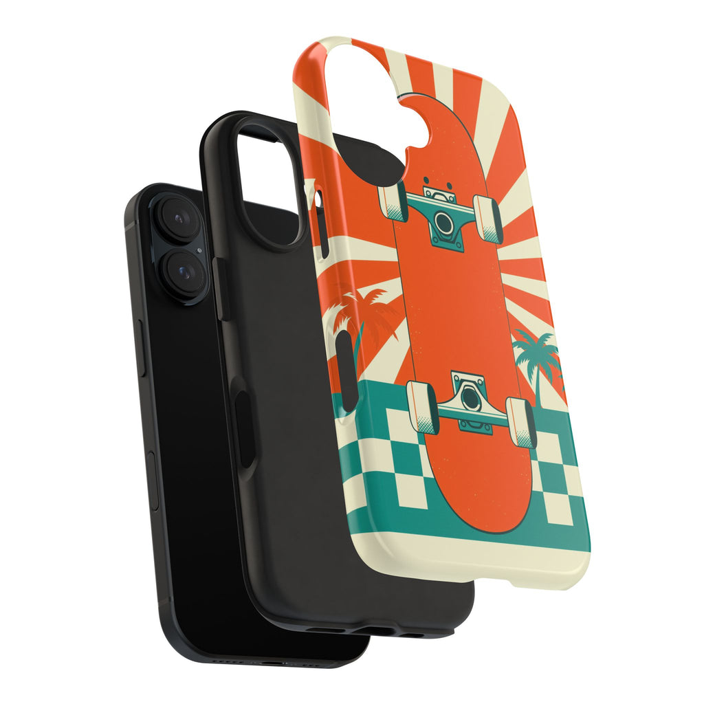 Skateboard Phone Case - Retro Sunburst, Palms and Checkerboard