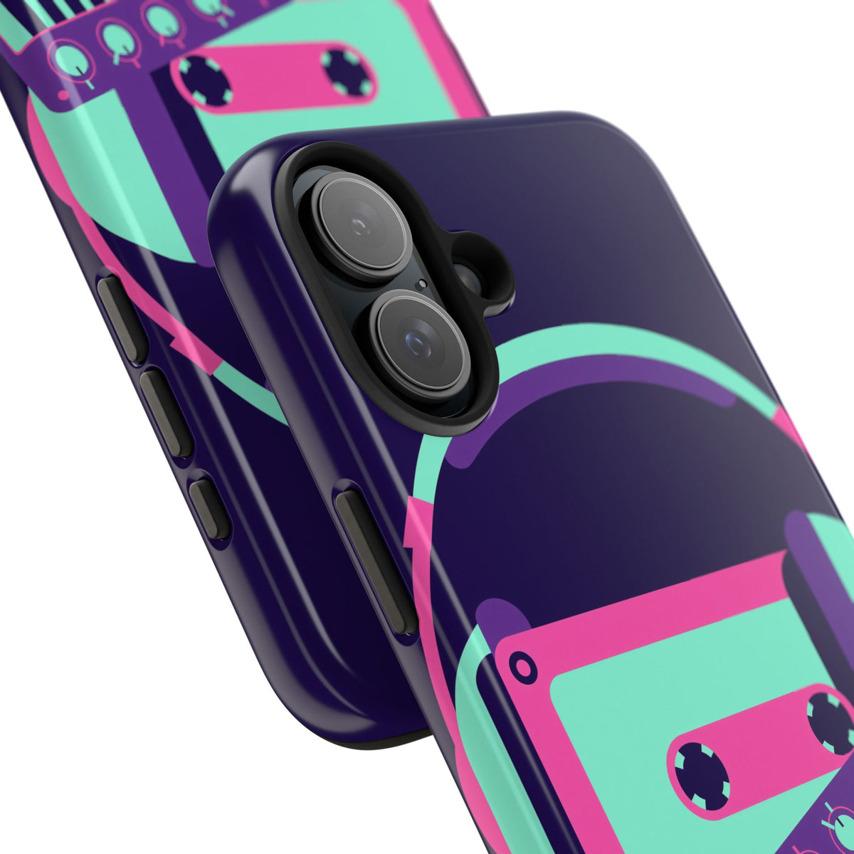 Retro Cassette Phone Case - Neon Headphones and Synth Design