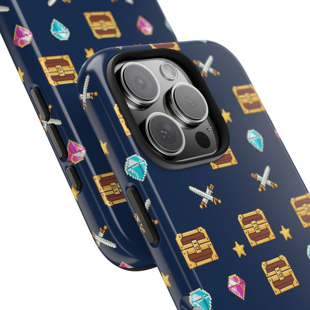 Tough phone case with a pixel art pattern of treasure chests, gems, potions and swords on navy - view 30