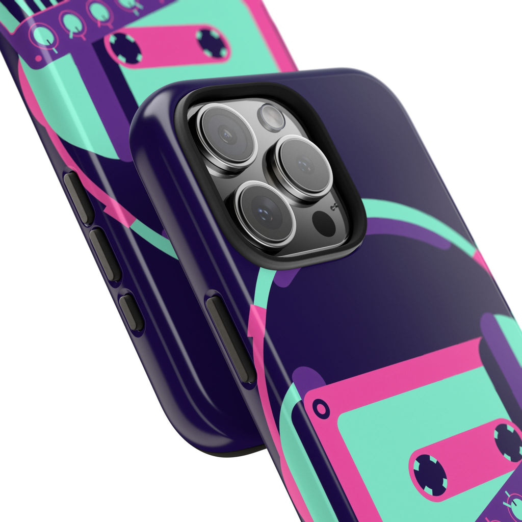 Retro Cassette Phone Case - Neon Headphones and Synth Design