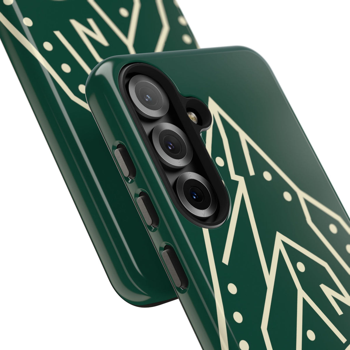 Tough phone case with cream line art of a mountain route, coiled rope and carabiner on forest green - view 38