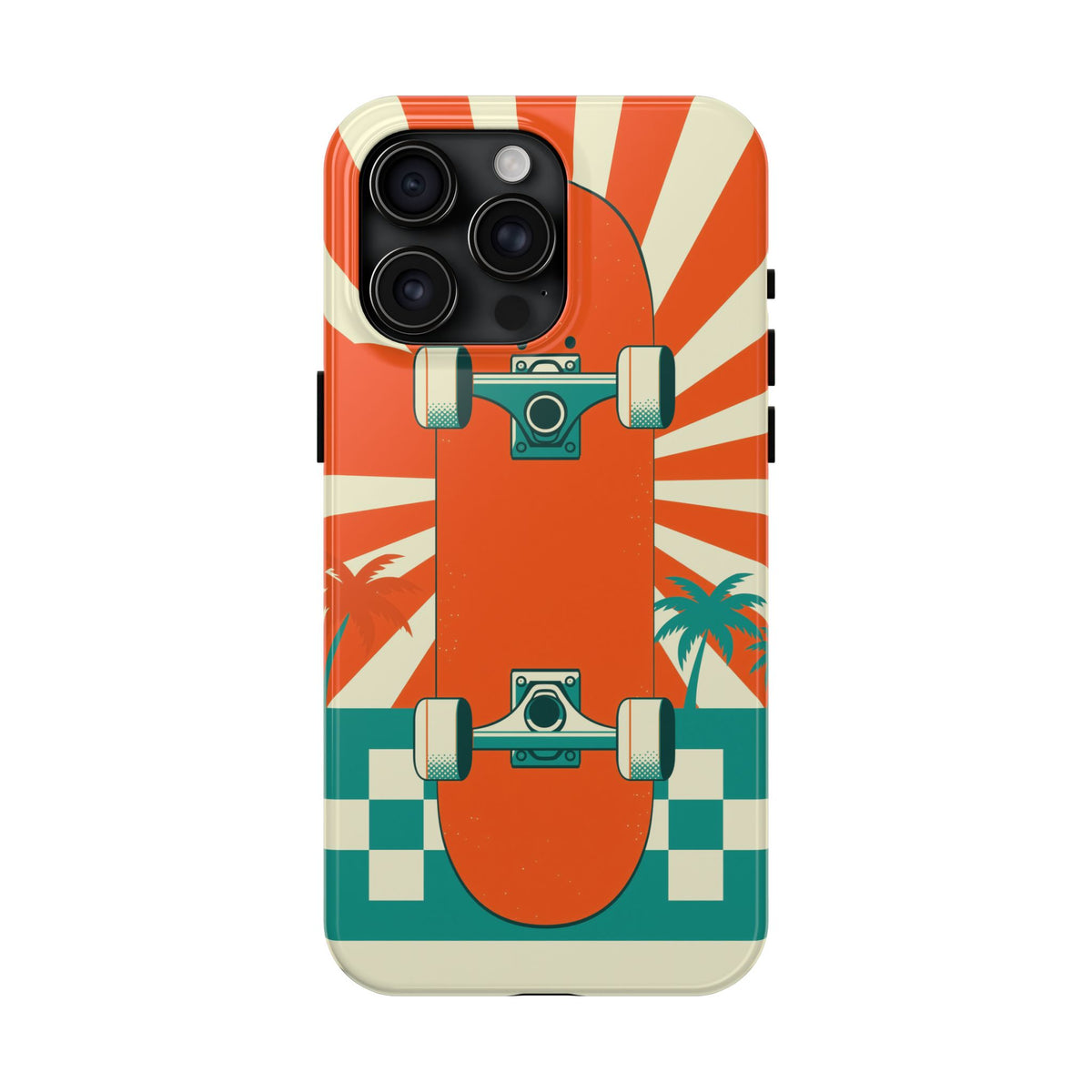 Skateboard Phone Case - Retro Sunburst, Palms and Checkerboard