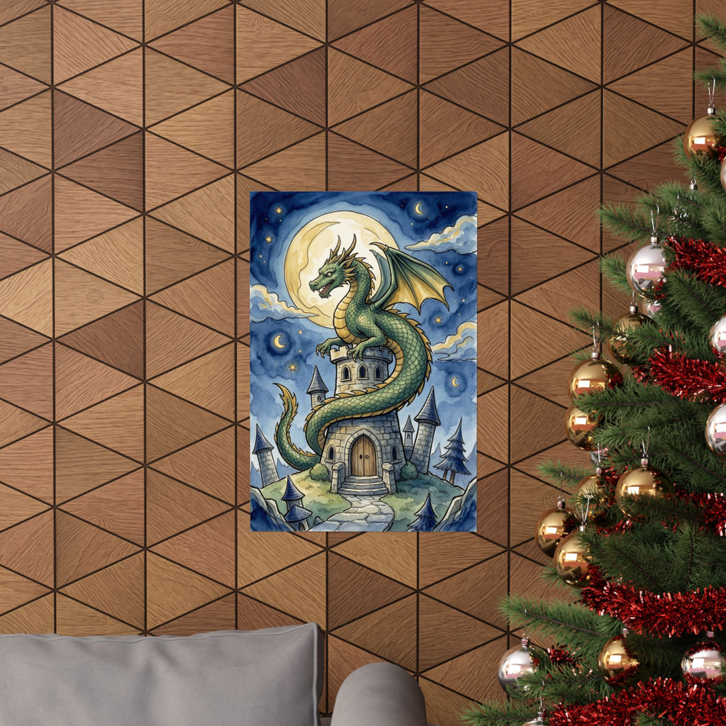 Fantasy Dragon Poster - Wizard Tower Ink and Watercolor Art
