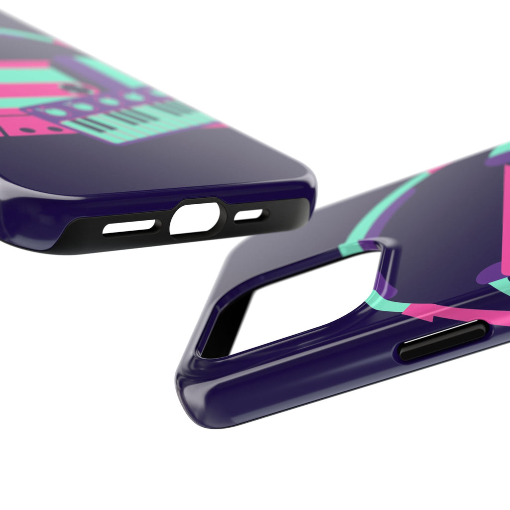 Retro Cassette Phone Case - Neon Headphones and Synth Design