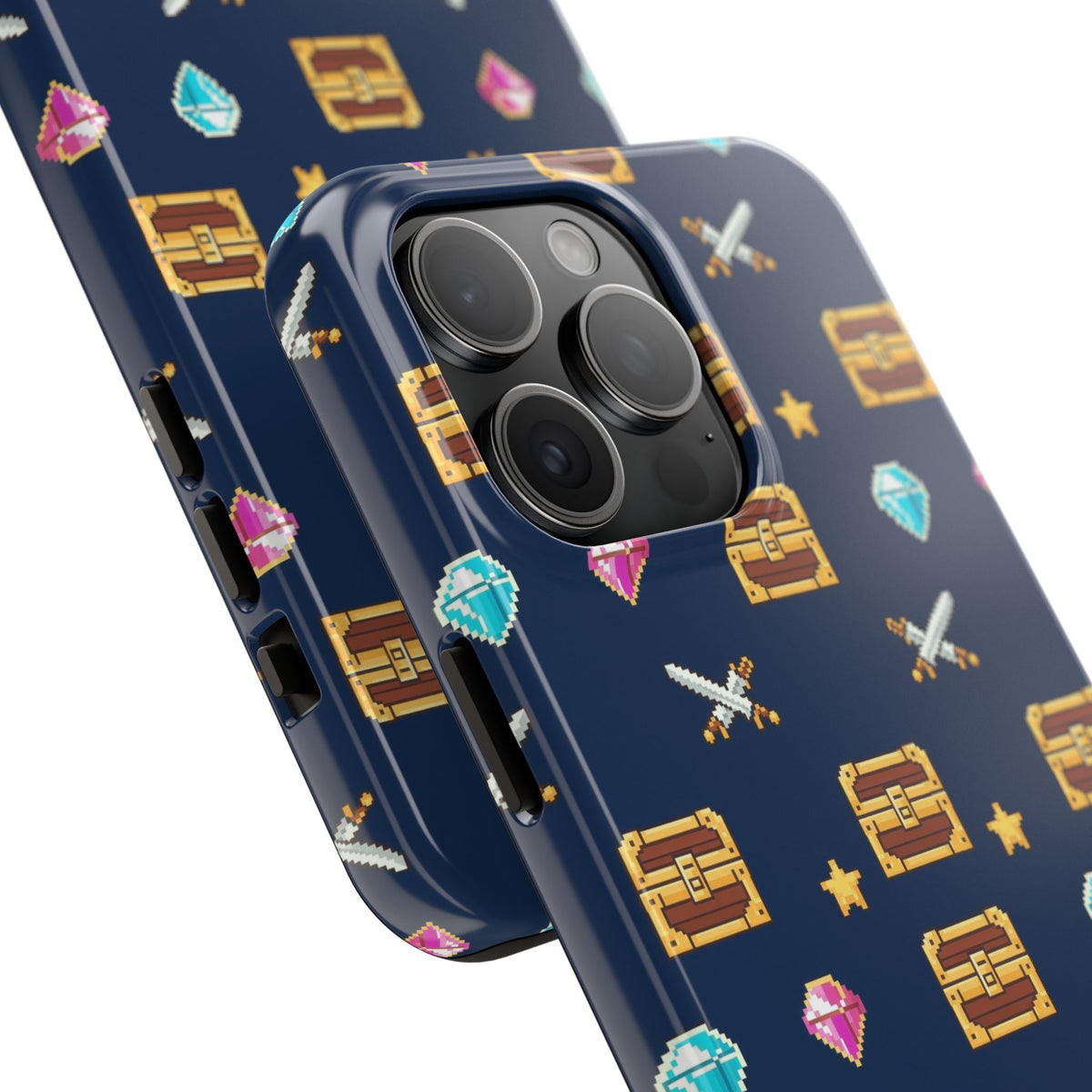 Tough phone case with a pixel art pattern of treasure chests, gems, potions and swords on navy - view 24