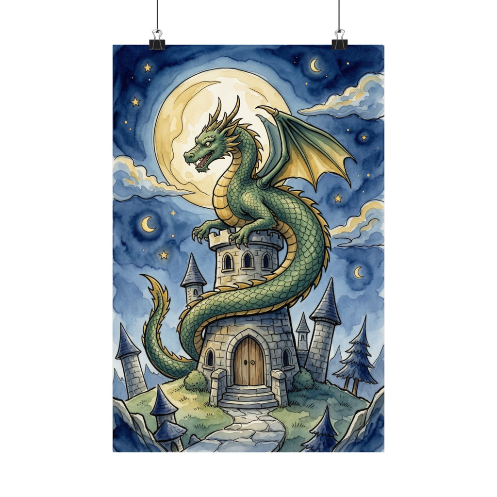 Fantasy Dragon Poster - Wizard Tower Ink and Watercolor Art