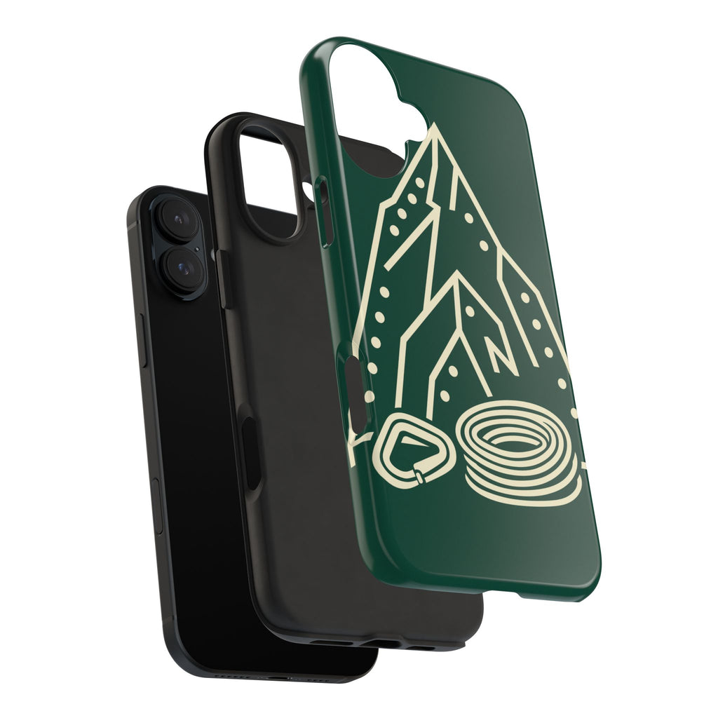 Tough phone case with cream line art of a mountain route, coiled rope and carabiner on forest green - view 37