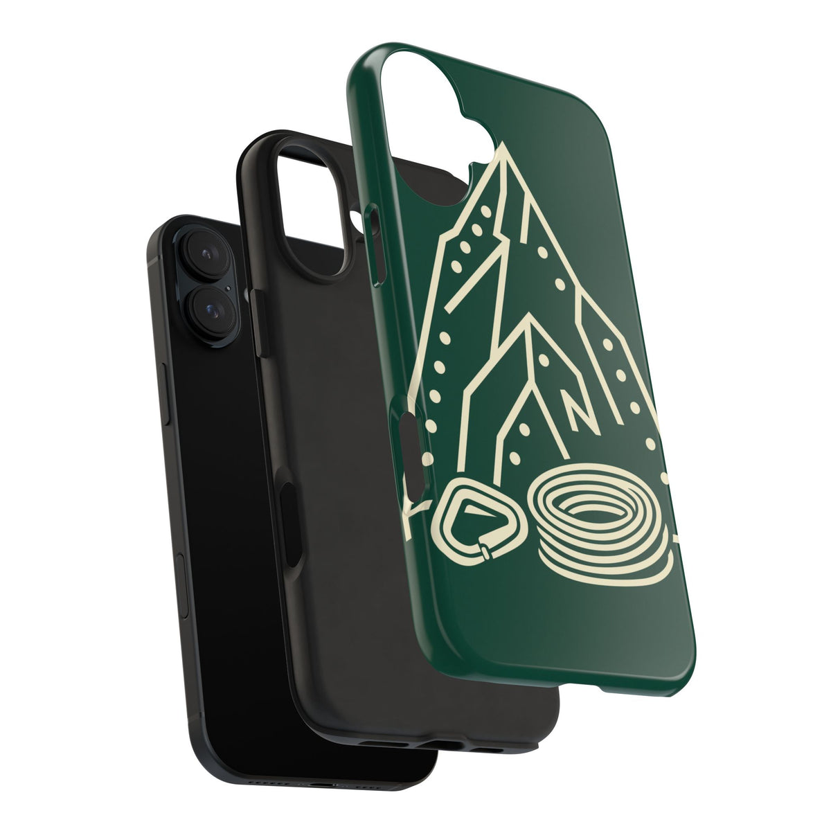 Tough phone case with cream line art of a mountain route, coiled rope and carabiner on forest green - view 37