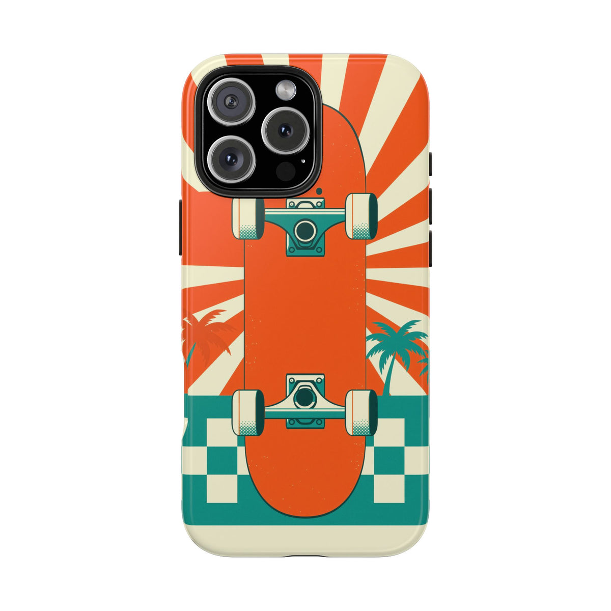 Skateboard Phone Case - Retro Sunburst, Palms and Checkerboard