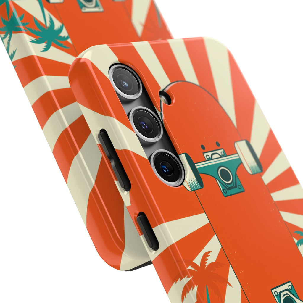 Skateboard Phone Case - Retro Sunburst, Palms and Checkerboard
