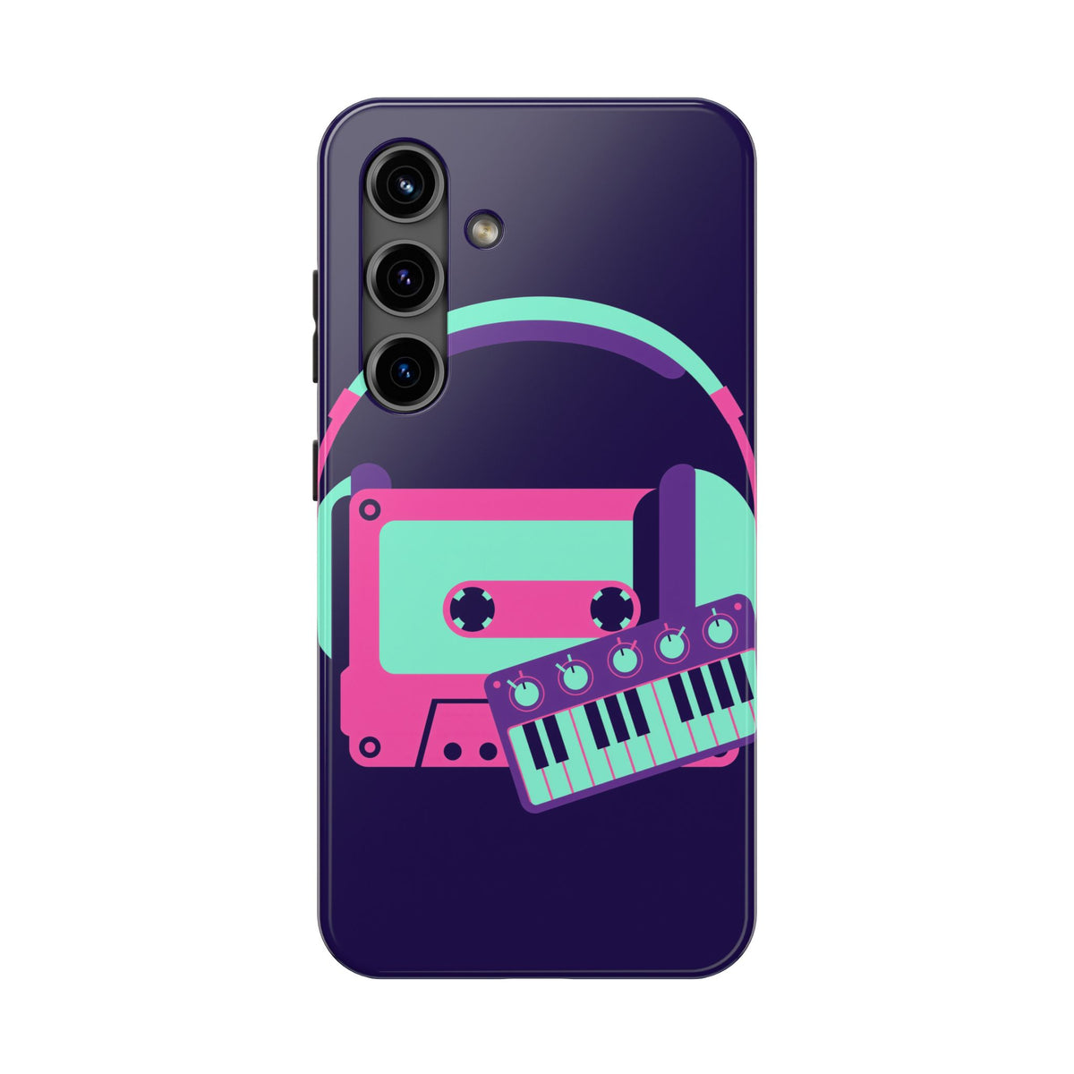 Retro Cassette Phone Case - Neon Headphones and Synth Design